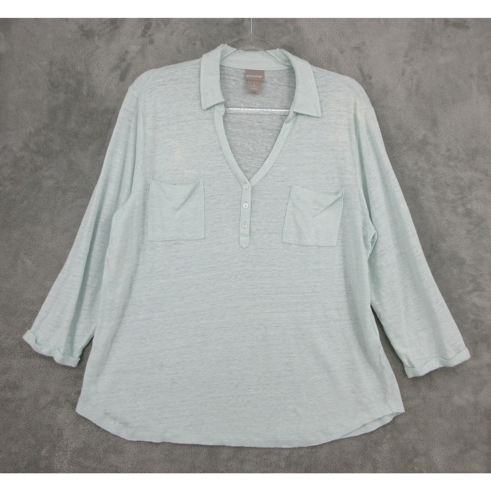Chicos Top Womens Size XL 3 Light Blue Linen Henley Pullover Pockets Relaxed